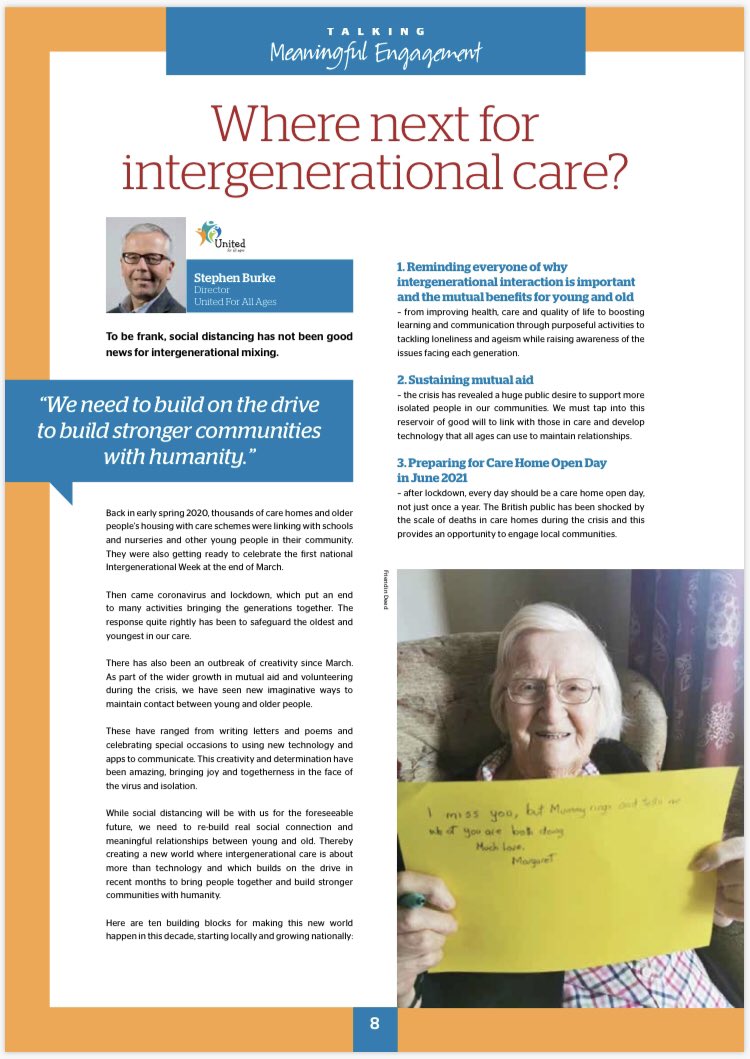 RT In this issue:  “We need to create a new world where intergenerational care is about more than technology &amp; continues to build stronger communities with humanity

Stephen Burke <a href="/united4allages/">Denise Burke</a> asks 𝗪𝗵𝗮𝘁’𝘀 𝗻𝗲𝘅𝘁 𝗳𝗼𝗿 𝗶𝗻𝘁𝗲𝗿𝗴𝗲𝗻𝗲𝗿𝗮𝘁𝗶𝗼𝗻𝗮𝗹 𝗰𝗮𝗿𝗲?