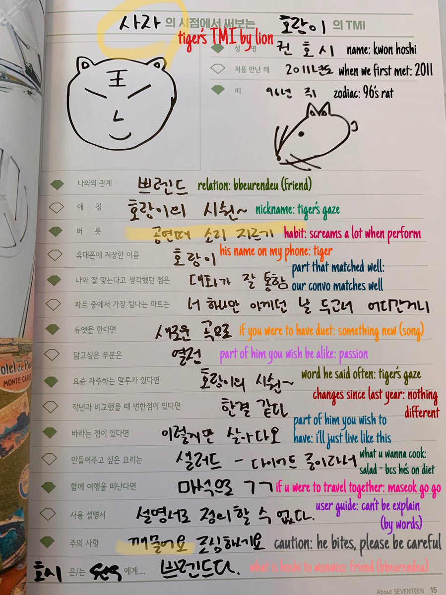 — wonwoo's memory book written by hoshi ! and hoshi's tmi by wonwoo... funny how wonwoo doesnt support his tiger agendas but the contact name of hoshi is "tiger"  #soonwoo  #wonhosh