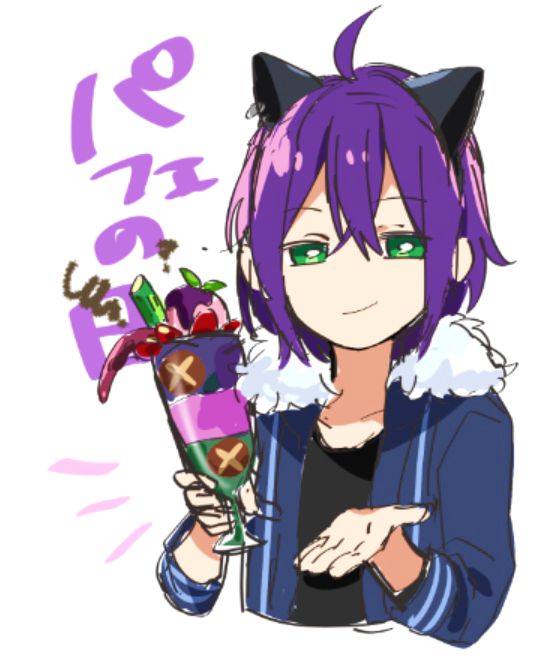 green eyes animal ears purple hair blue jacket solo smile black shirt  illustration images