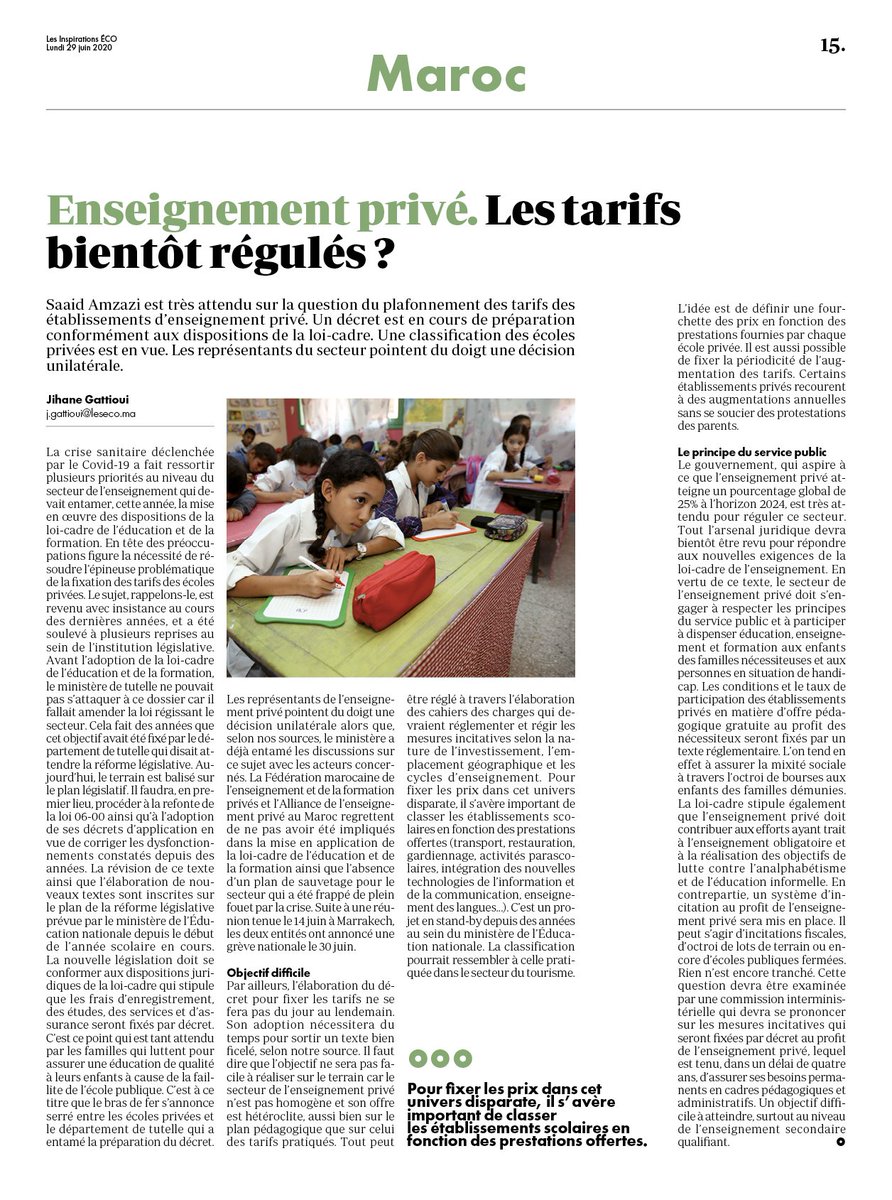 Le gouvernement est très attendu sur la régulation des tarifs de l'enseignement privé. La mise en oeuvre des dispositions de la loi-cadre de l'éducation s'impose. Plus d'excuse pour passer à l'action.   
#enseignement
#réforme_urgente