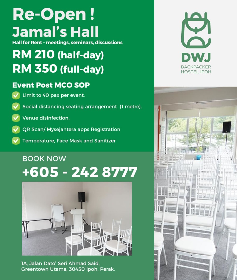 DWJHotel's tweet photo. Small gathering (limit to 40 pax) is allowed starting from 1st July 2020.

Call us now at 05-2428777 for reservation or visit https://t.co/tvpNssPSTb for more info.

#dwjhotel #dwj #dwjhotelipoh #ipoh #perak #Jamalhall #meeting #hallforrent https://t.co/YH1g0Si3tB