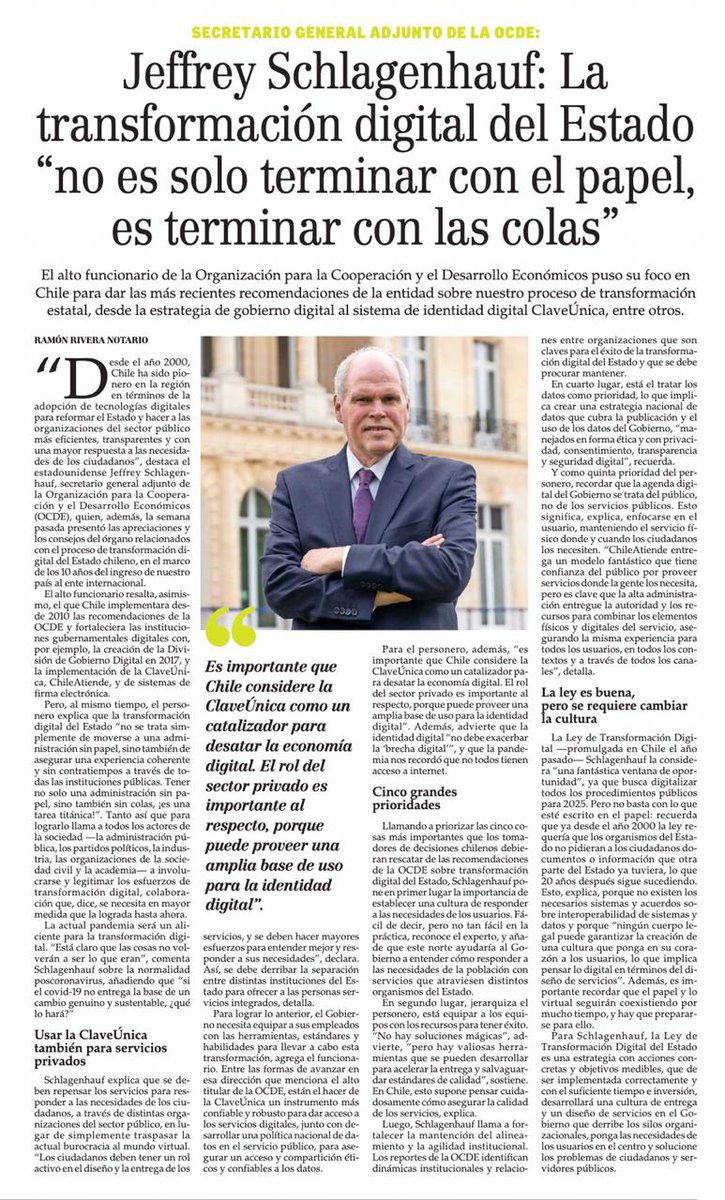 GobDigitalCL's tweet image. #FelizMartes "la transformación digital no se trata simplemente de moverse a una administración sin papel, sino también de asegurar una experiencia coherente (...) Tener no sólo una administración sin papel, sino sin colas" @OECD_DSG_Schlag para Innovación @ElMercurio_cl
