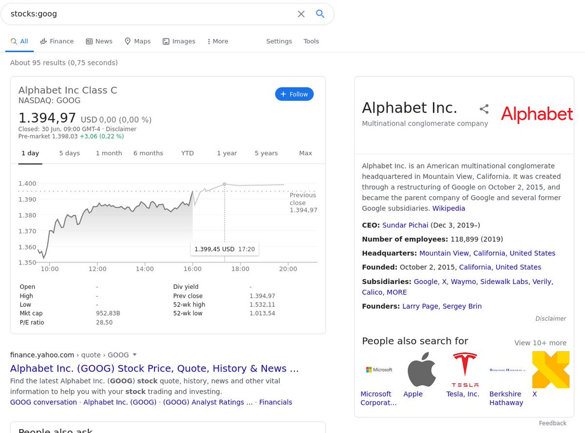 15. Now "instant search" features, when google returns info right in search result page:'define:' - get the definition of any word'weather:' - weather by city, country, postal code'stocks:' - stock’s share price, its recent trend, graph'movie:' - all possible movie info