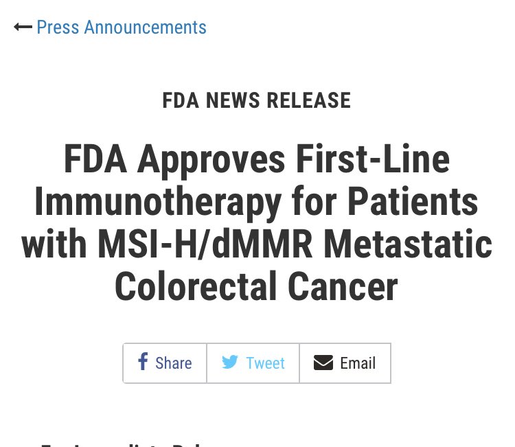 weoncologists's tweet photo. Just Out📣 @US_FDA 🇺🇸Approves1️⃣st Line pembrolizumab in MSI-H/dMMR 🧬Metastatic #ColorectalCancer
This marks the 1️⃣st #immunotherapy approved for this patient population as 1️⃣st line treatment & administered without also giving #chemotherapy 🧪
https://t.co/CWOGieBNdh https://t.co/xUfynCMolr