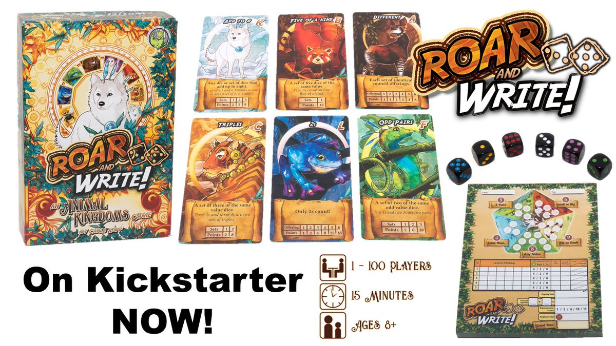 GalacticRaptor2's tweet photo. We are live on KS with Roar and Write! It's a roll &amp; write with many paths to victory, a solo mode with missions, and supports as many players as you have score sheets. It can be played online and has varying difficulties making it great all ages!

https://t.co/vfBhEeJeYR https://t.co/Zza7MHiBeH