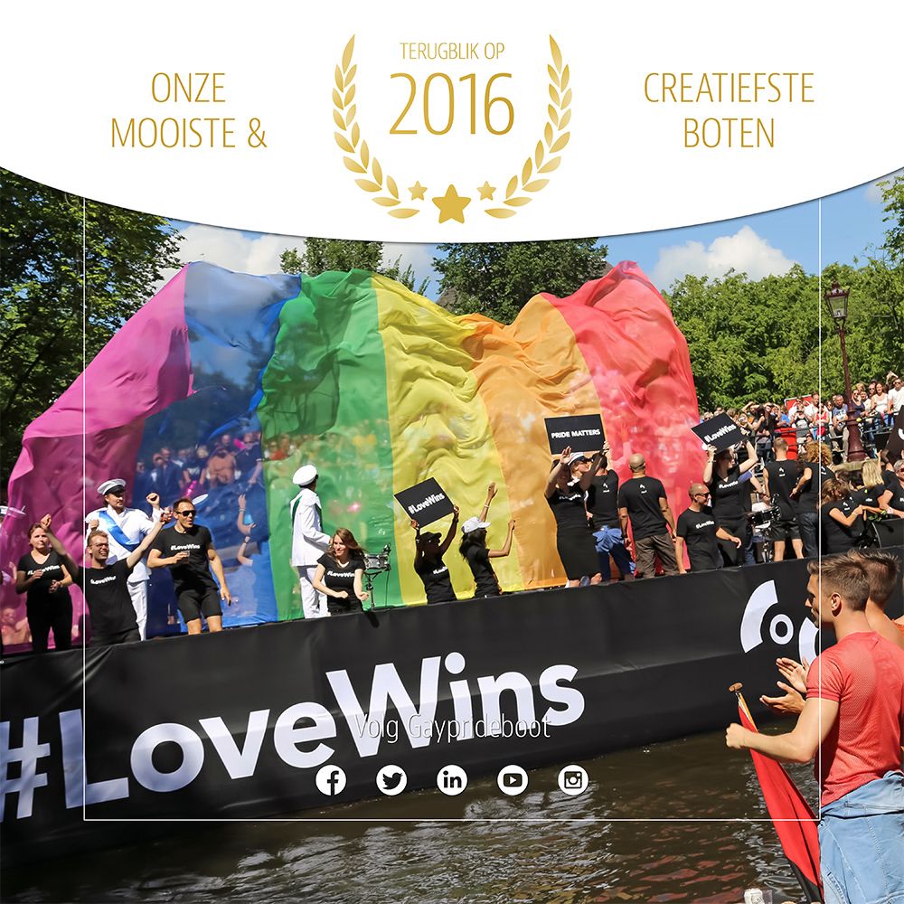 GaypridebootNL's tweet photo. Gayprideboot bestaat dit jaar 10 jaar🎈 We delen onze mooiste &amp; creatiefste boten met jullie. Dit keer een terugblik op 2016👀 "LoveWins". In opdracht van @COCNederland #terugblik #throwback #cocnederland #gayprideboot #buildingtolerance #10years #10yearsgpb #birthday #amsterdam https://t.co/OBZAM5PKvU