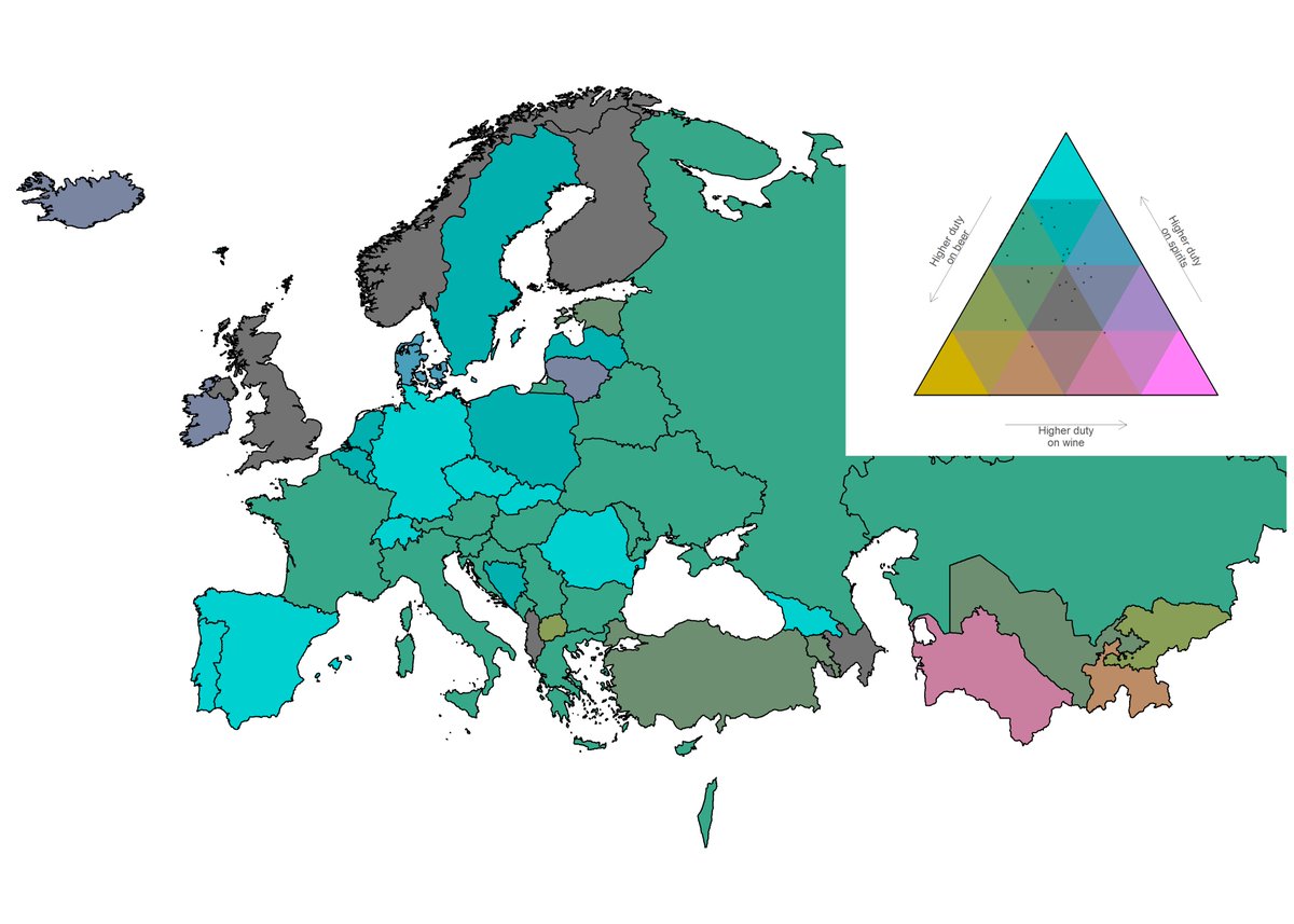 If we plot these 3 rates on the same ternary scale we can see that most countries tax spirits the highest (blue) or beer & spirits (green) while only Turkmenistan has highest taxes on wine.UK looks quite sensible here, but this map doesn't include cider...