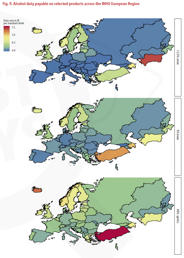 If we look at the duty rates on 5% beer, 12.5% wine and 40% spirits there is a lot of variation. Generally spirits are taxed more highly though.