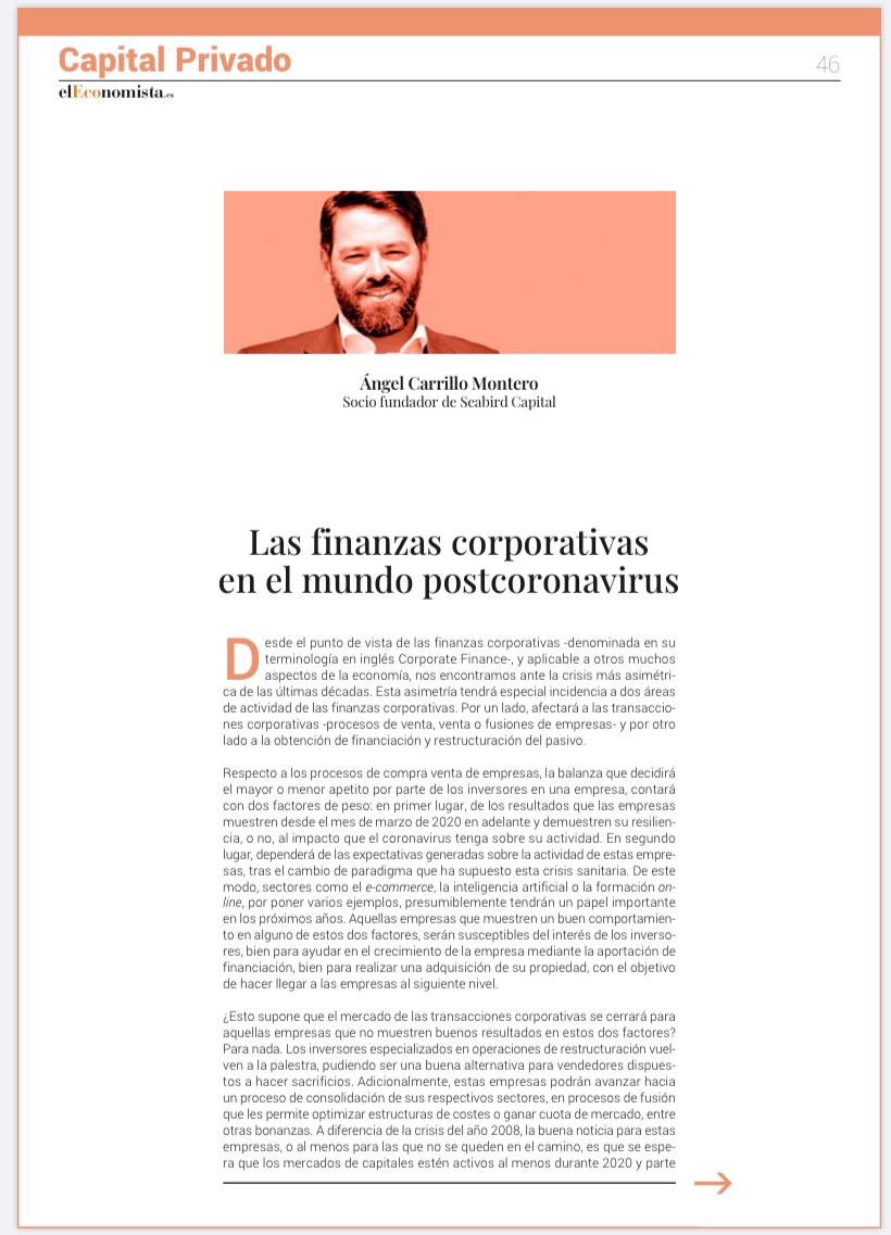 SeabirdCapital's tweet photo. Opinión de Angel Carrillo, Socio Fundador de Seabird Capital, sobre las finanzas corporativas en el mundo postcoronavirus, publicado en la revista de Capital Privado de @elEconomistaes  #corporatefinance https://t.co/r3YiHooXuy