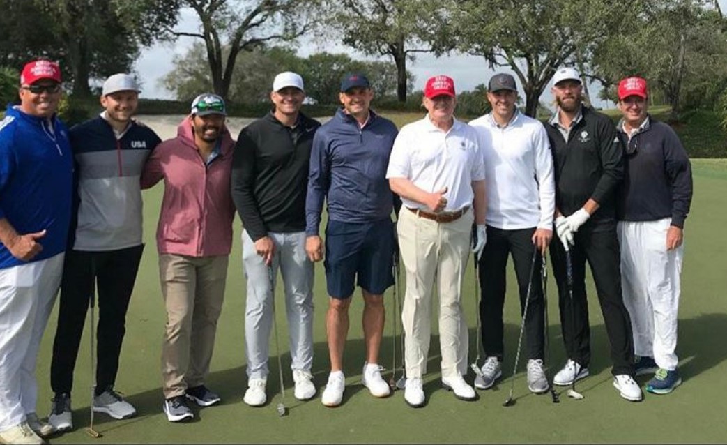 CharlieDaveArmy's tweet photo. @Cut4 I'm sorry a person of Ian's character had to play with these people, who can be judged by their friendships. (Photo taken this past March as a pandemic was sweeping into America. I guess their hate-filled pal had nothing better to do but golf.) https://t.co/tJ03CWsYY7