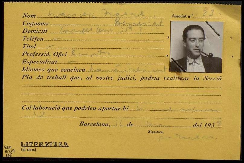 FrancescTrabal's tweet photo. Fitxa del Casal de Cultura de Barcelona. 16 de març de 1938. https://t.co/VqoPXMfrES