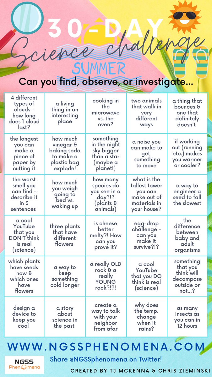 We are happy to share our NEW 30 Day Science SUMMER Challenge!! Let's have some fun with science this summer!! See if you can complete each &amp; cross them all off in 30 days. Share <a href="/NGSSphenomena/">Phenomena</a> and we will re-share some of our favorites! #NGSS #NGSSchat