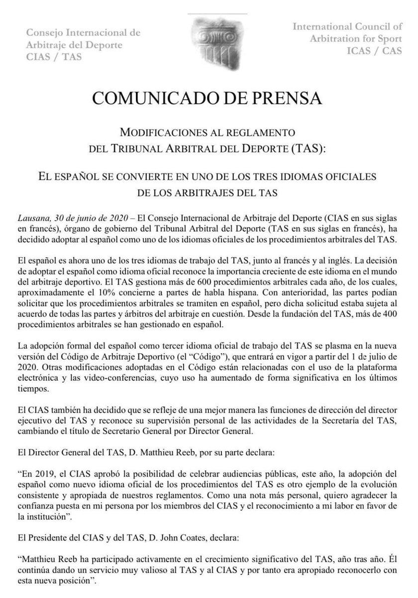 DerechoDesan's tweet photo. 👉 A partir de 1 de julio de 2020 el  #Español se convierte en uno de los 3 idiomas oficiales del Tribunal de Arbitraje Deportivo TAS. https://t.co/IxeoYIpfdx