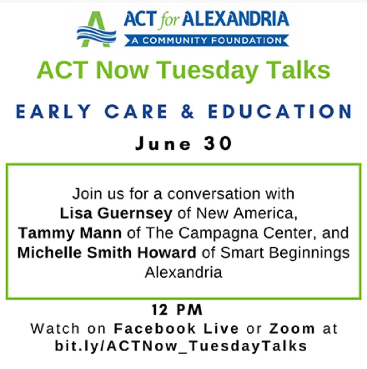 Join us and ACT for Alexandria today at 12 PM ET for a conversation on Early Care & Education. 

Visit @ACTforAlexandria to watch on Facebook Live or tune in on Zoom at bit.ly/ACTNow_Tuesday….

#alexandriava