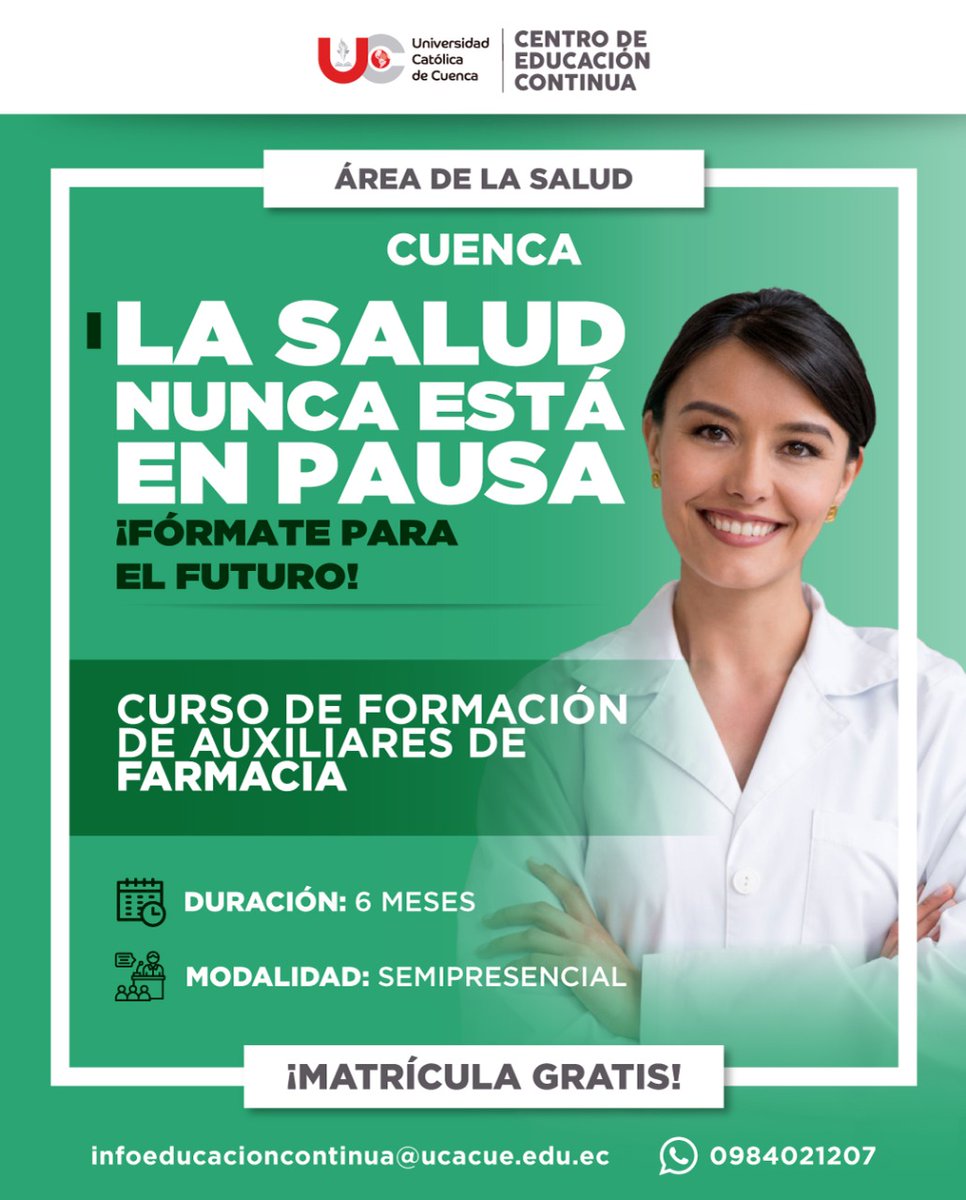 Prepárate para tu futuro con nuestro curso de formación de Auxiliares de Farmacia👩‍🔬👩‍⚕️.
Si quieres recibir más información, pre - inscríbete en el siguiente link:
forms.gle/PzQrYfwn7cTnpY…