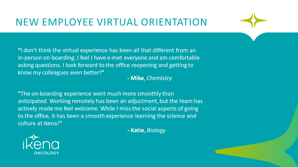 IkenaOncology's tweet photo. Our newest additions to the team joined while we've all been working from home. Hear what their onboarding experience has been like and what they have to say about their first weeks with Ikena. #makeitcount #supportthehive #makefreshtracks #corporatevalues https://t.co/C6ZDIJlntX