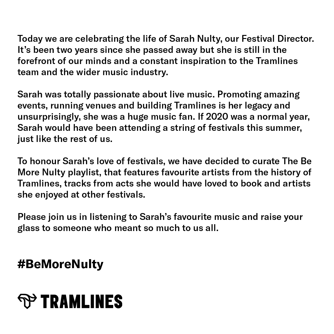 tramlines's tweet photo. Today we are celebrating the life of Sarah Nulty, our Festival Director

#BeMoreNulty 💙

https://t.co/CJE6hIeyNA https://t.co/ViG6WmKnVx