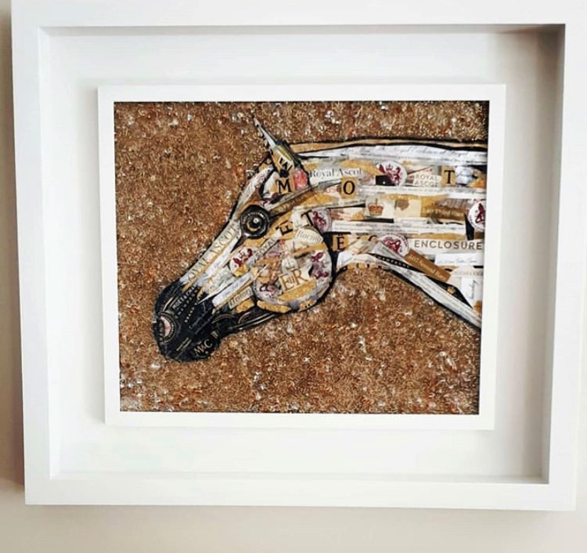 Stunning Georgea Blakey piece ROYAL ENCLOSURE is for sale with 20% proceeds going to @Racingwelfare. It is made from @Ascot racing programs, betting slips and @Moet_UK labels. £1600 + P&P (44 x 39 x 5cm)
#itvracing #sportingart #champagne #equestrian