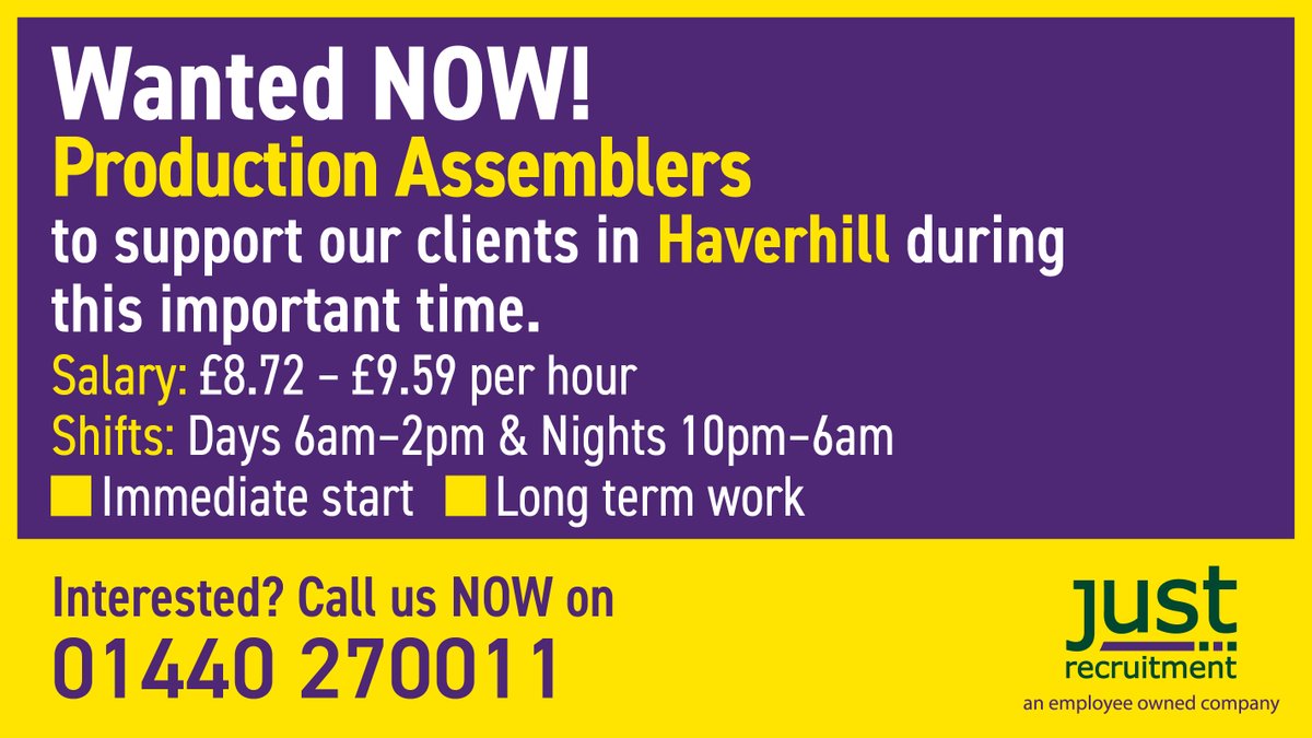 JRGLtd's tweet photo. #Production #Assemblers wanted in #Haverhill.
Interested? Call 01440 270011.
#productionassemblers #operatives #assemblers #production #temp #tempsjobs #temps #Haverhill #Haverhilljobs #Cambridge #Sudbury #longtermwork #jobsearch #jobhunt #employeeowned @ReachHaverhill https://t.co/cRWnJbHkmx