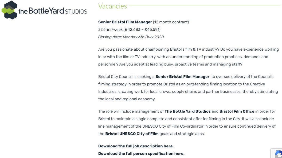 TheBottleYard's tweet image. *𝗝𝗢𝗕 𝗔𝗟𝗘𝗥𝗧* 𝗪𝗮𝗻𝘁 𝘁𝗼 𝘄𝗼𝗿𝗸 𝘄𝗶𝘁𝗵 𝘂𝘀? BCC is seeking a 𝗦𝗲𝗻𝗶𝗼𝗿 𝗕𝗿𝗶𝘀𝘁𝗼𝗹 𝗙𝗶𝗹𝗺 𝗠𝗮𝗻𝗮𝗴𝗲𝗿. The role will include management of @TheBottleYard, @BrisFilmOffice &amp;amp; @BristolFilmCity Coordinator. Apply by Mon 6 Jul. Info at bit.ly/3igcL6Y