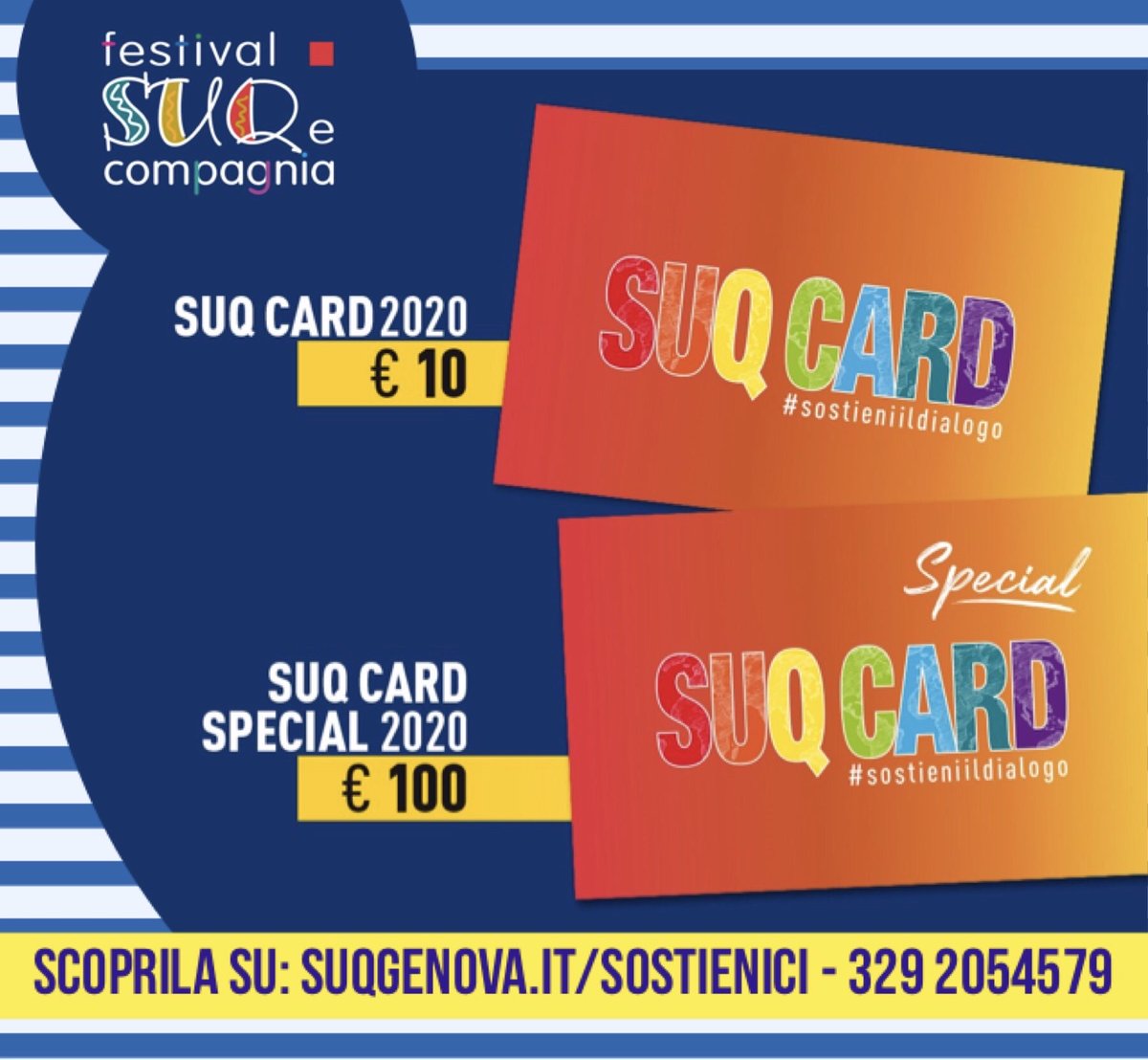 suqgenova's tweet photo. Nasce la #suqcard per sostenere il @suqgenova! Entra a far parte della nostra comunità e godi delle numerose agevolazioni. 😍 Info: https://t.co/7vXwtTYpmr
Vi aspettiamo dal 28 agosto al 6 settembre al @PortoAnticoGe 😎
#suqcard20 #sostieniildialogo #suqfest20 https://t.co/TBFShezv8u