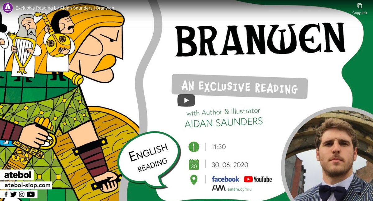 Newydd | New
/-\/\/\ - @Atebol 

11:30 : Exclusive reading of 'BRANWEN: A Tale from the Mabinogi' 

Join Aidan Saunders as he reads part of his new book, 'Branwen', the @Books_Wales’ Children’s Book of the Month for June 2020.

(Welsh reading at 11:00)

✏️amam.cymru/atebol