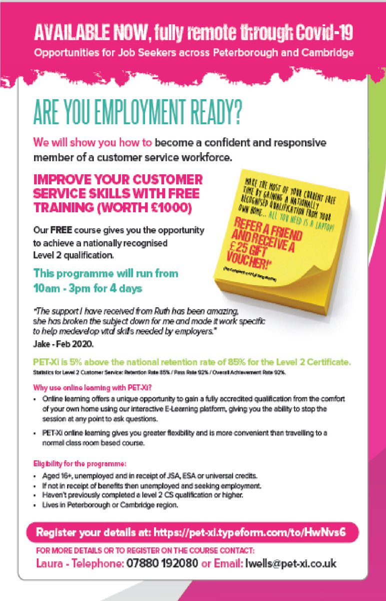 petxitraining's tweet photo. PET-Xi's Customer Service course running now! Contact us today to take part :)
#JCPVirtualLN
#Northampton #Careersadvice #wellingboroughjobs #jobfair #jobseekers #jobseekerswednesday #daventryjobs #virtualjobfair #northamptonshire https://t.co/oAW1IitXyc