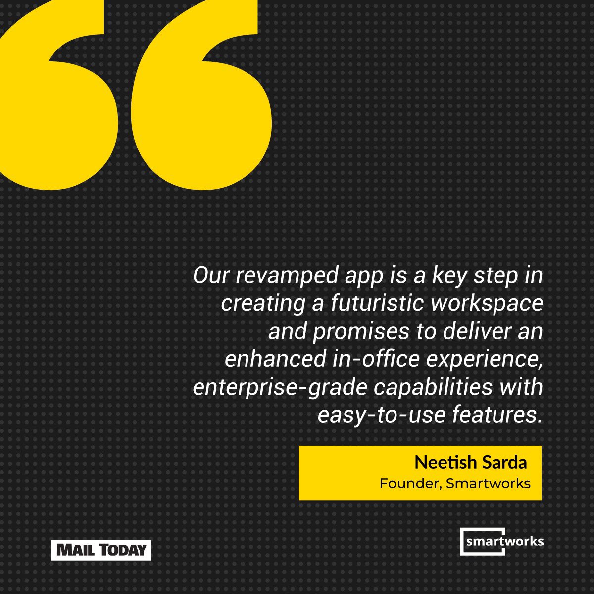 SmartworksInd's tweet image. Workspaces of the future are going to look and work differently. 

At #Smartworks, we’re staying ahead of the curve by giving you a safety-first and tech-driven experience today!

#SmartworksIndia #ContactlessTechnology #NeetishSarda #Founder #MailToday @iNitiraj @mail_today