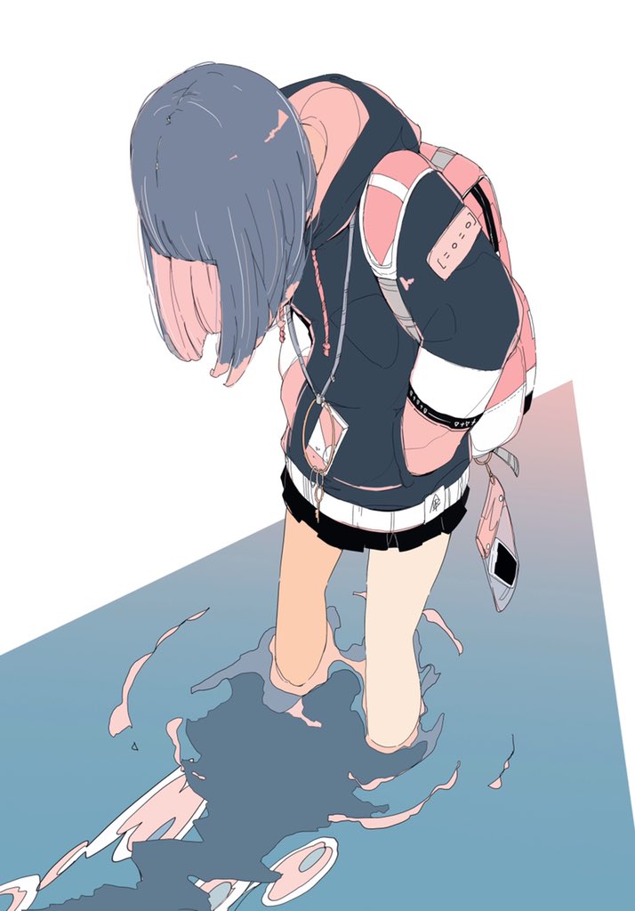 1girl flat color solo limited palette backpack skirt wading  illustration images