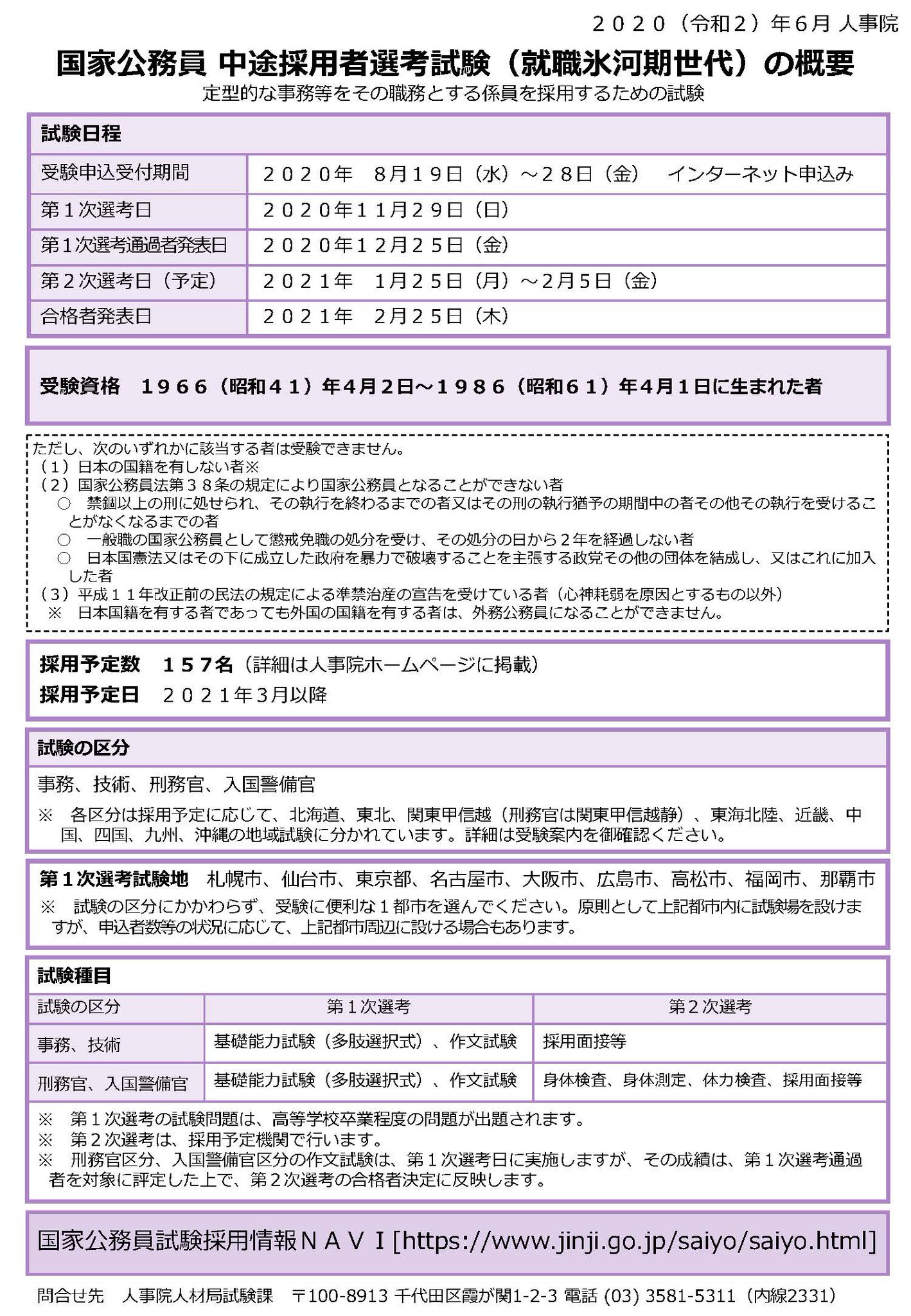 O Xrhsths 内閣官房就職氷河期世代支援推進室 Sto Twitter 就職氷河期世代の方々を対象とした国家公務員の中途採用試験の詳しい日程が公表されました ８月19日 28日受験申込 11月29日第１次試験 この試験により 毎年150名 ３年間で450名 以上の採用が予定され