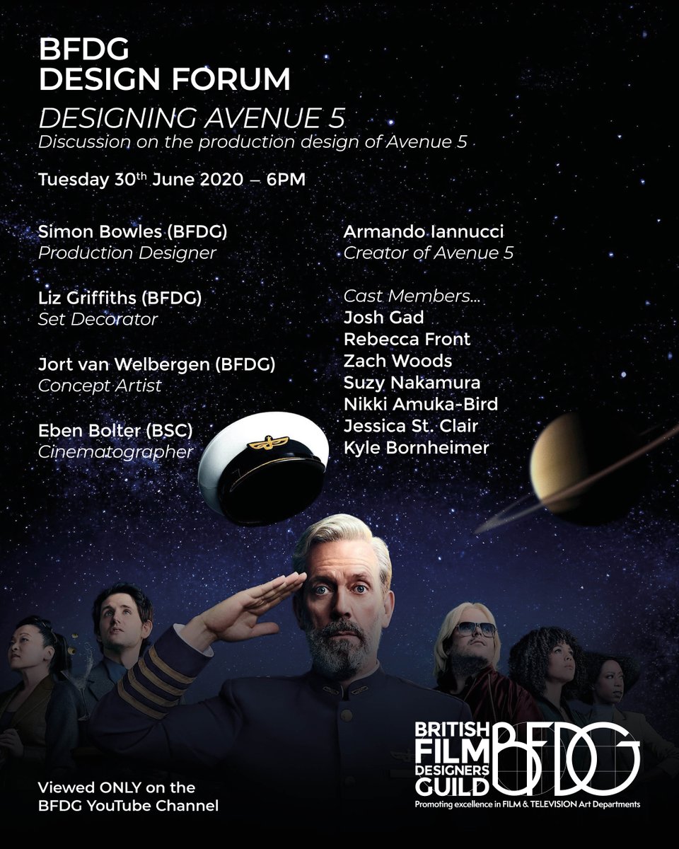 JOIN US FOR OUR NEXT DESIGN FORUM
'DESIGNING AVENUE 5' 

*** TONIGHT, 30TH JUNE, 6PM ***

To watch, follow this link to the BFDG YouTube Channel
ow.ly/1J5z50AlxNf
#productiondesign #bfdg #CineLiveGuide #Avenue5 #ArmandoIannucci #HBO #Sky @simonbowlesdesign
@simonbowles