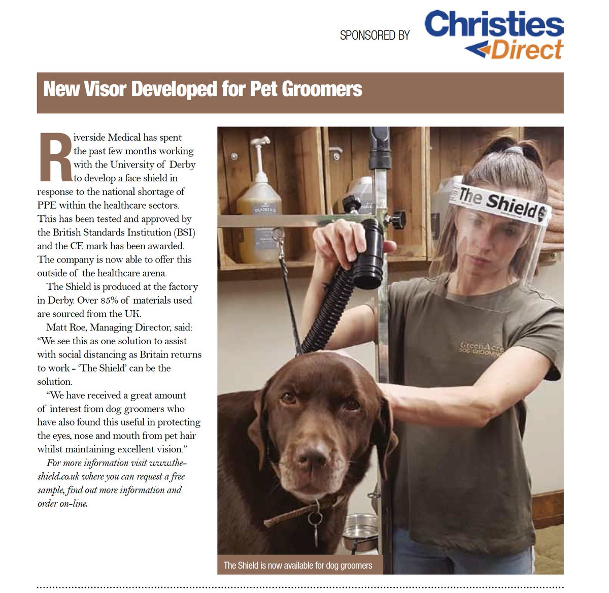 The Shield featuring in @ChristiesDirect.  The leading UK dog grooming company has a short piece on how our shields are particularly useful for dog groomers as it protects the eyes, nose and mouth from pet hair whilst maintaining excellent vision! #TheShield