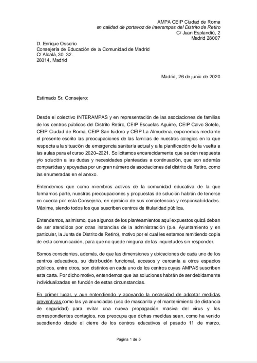 InterAMPAs ha enviado, preocupadas por la situación reinante, esta carta al Consejero de Educación y a la Junta Municipal de Retiro