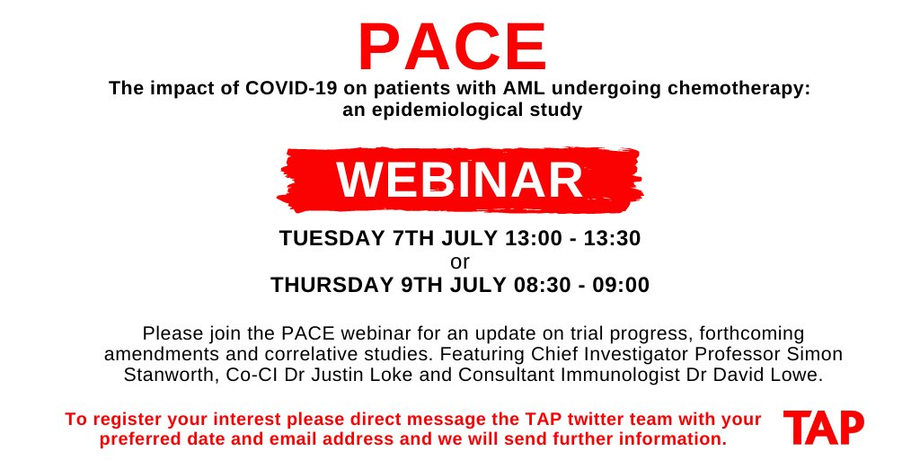 CRCTU_Haem_Team's tweet photo. 🎙️WEBINAR🎙️To register interest in joining the PACE webinar please send us a direct message with your email address and preferred date and we will be in touch.

@jloke1 @CRCTU @xRach_Fletchx @SoniaFox_TAP #COVID19 #AML https://t.co/3D5j2tg6og