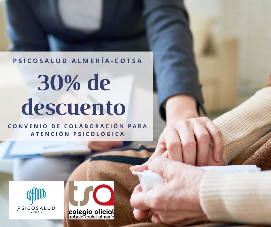 cotsa_almeria's tweet photo. Hemos firmado un convenio de colaboración con @Psicosalud_Alm  Como colegiadas/os del COTSA, tanto vosotras/os como los miembros de vuestra unidad familiar  podréis beneficiaros de un descuento del 30%.
Para pedir cita https://t.co/mnfNIidGqR o 950 04 10 68. https://t.co/kWVDwFMWEm