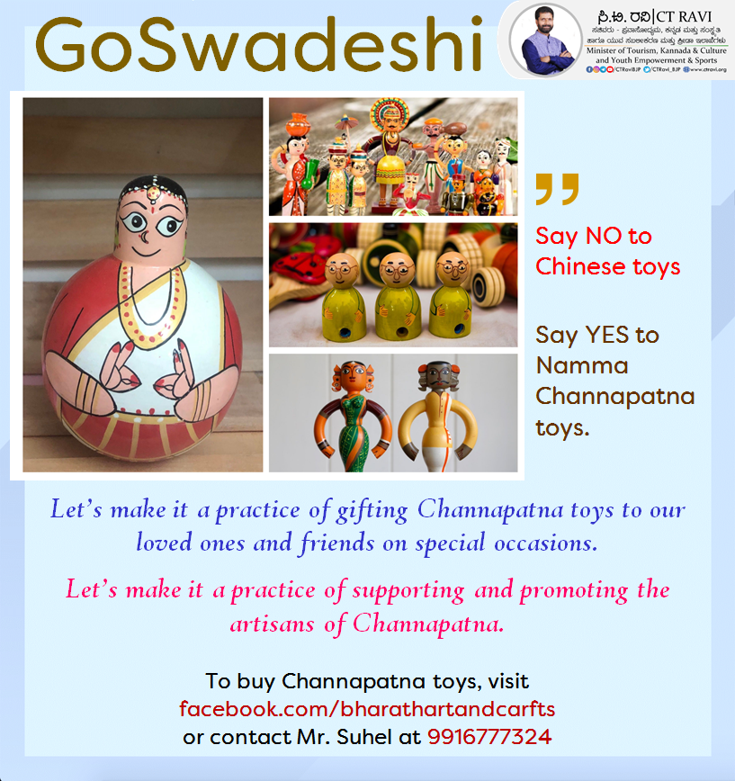 CTRavi_BJP's tweet photo. Say NO to Chinese toys, say YES to Namma Channapatna toys.
Let’s make it a practice of gifting Channapatna toys to our loved ones and friends on special occasions. Let’s make it a practice of supporting and promoting the artisans of Channapatna.
#GoSwadeshi
#BuyLocalToGoGlobal https://t.co/SKc9TE31ch