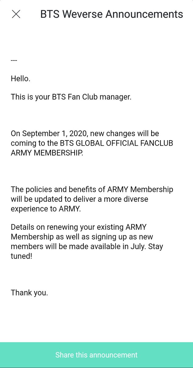 Bighit posted info about BTS GLOBAL OFFICIAL FANCLUB MEMBERSHIP on weverse. Get ready~ 💸 #BTS <a href="/BTS_twt/">방탄소년단</a>
weverseapi.weverse.io/static/shares/…