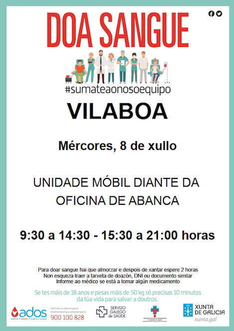 ConcCulleredo's tweet photo. 👉 A unidade móbil de doazón de sangue estará situada o mércores 🗓 8 de xullo en Vilaboa, de ⏱ 9:30 a 14:30 horas e de ⏱15:30 a 21:00 horas diante da oficina de ABanca. 

#súmateaoequipo https://t.co/orF7k3SV5t
