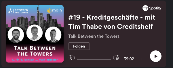 creditshelf's tweet image. Willkommen zum Podcast “Talk Between the Towers” vom #mainincubator
.
In dieser Episode geht es um die digitale Mittelstandsfinanzierung.
.
Viel Spaß beim Hören!  
.
Apple: podcasts.apple.com/us/podcast/19-…
.
Spotify: open.spotify.com/show/2wbU7WMVW…
 .
#mainincubator #talkbetweenthetowers #podcast