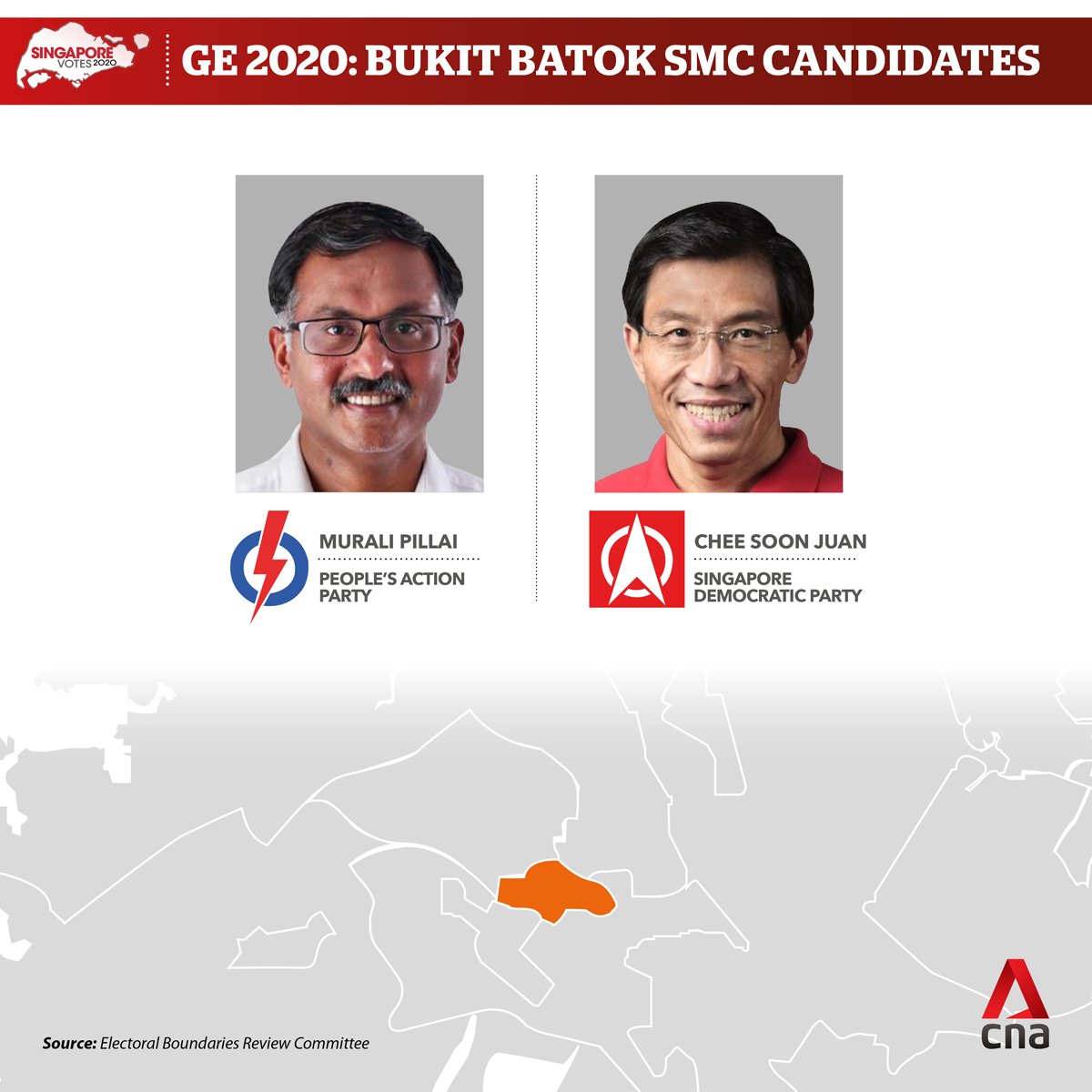  #GE2020  : It will be PAP's Murali Pillai taking on the challenge from SDP chief Chee Soon Juan in Bukit Batok SMC  https://cna.asia/3ifG61m 