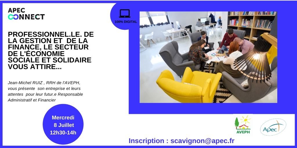 ApecPacaCorse's tweet photo. [#ApecConnect ]
Familier.ère des fonctions financières…Le secteur de l'#ESS ESS vous tente… Une rencontre #100%digitale pour échanger avec @jeanmichelruiz @Aveph 
📆 8 juillet
⌚ 12h30h à 14h
#Recrutement #job #emploi 
Informations et inscription par mail scavignon@apec.fr https://t.co/PsWKKXBhrY