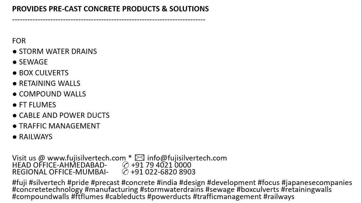 Fuji_Silvertech's tweet photo. #fuji #silvertech #pride #precast #concrete #india #design #development #focus #japanesecompanies #concretetechnology #manufacturing #stormwaterdrains #sewage #boxculverts #retainingwalls #compoundwalls #ftflumes #cableducts #powerducts #trafficmanagement #railways https://t.co/Rsg52059Hr