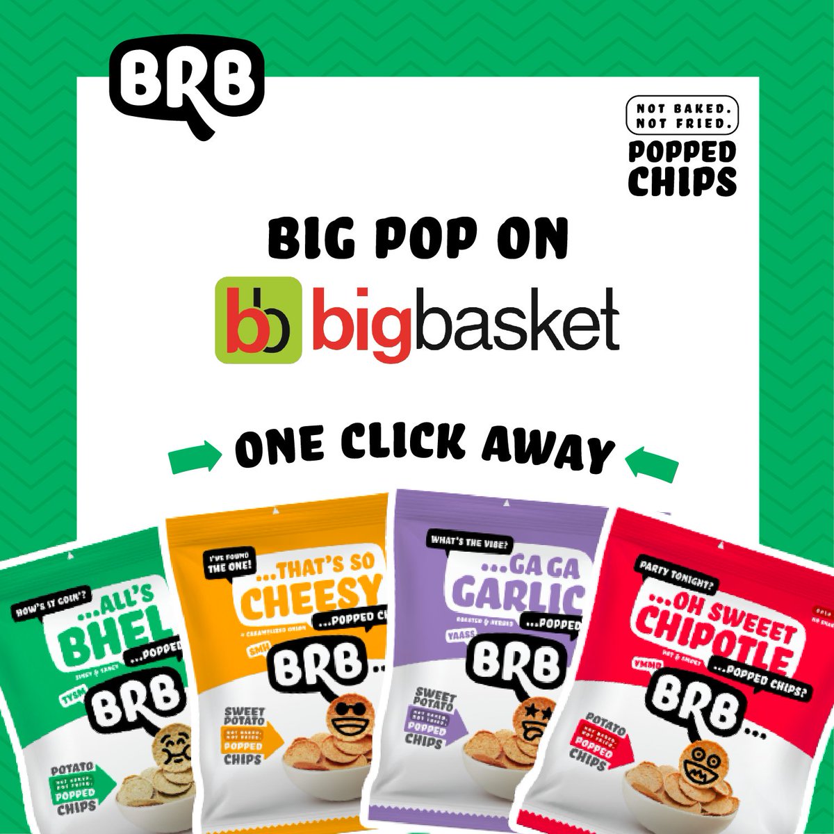 Feel_Like_BRB's tweet photo. No stopping us! Bringing more pop to you ππΌ BRB #PoppedChips now on @bigbasket_com π£ Share a picture and tag us, if you shop at #BigBasket
#SnackingUpgrade #NotBaked #NotFried #glutenfree #tuesdaymotivation https://t.co/4sdnolikvs