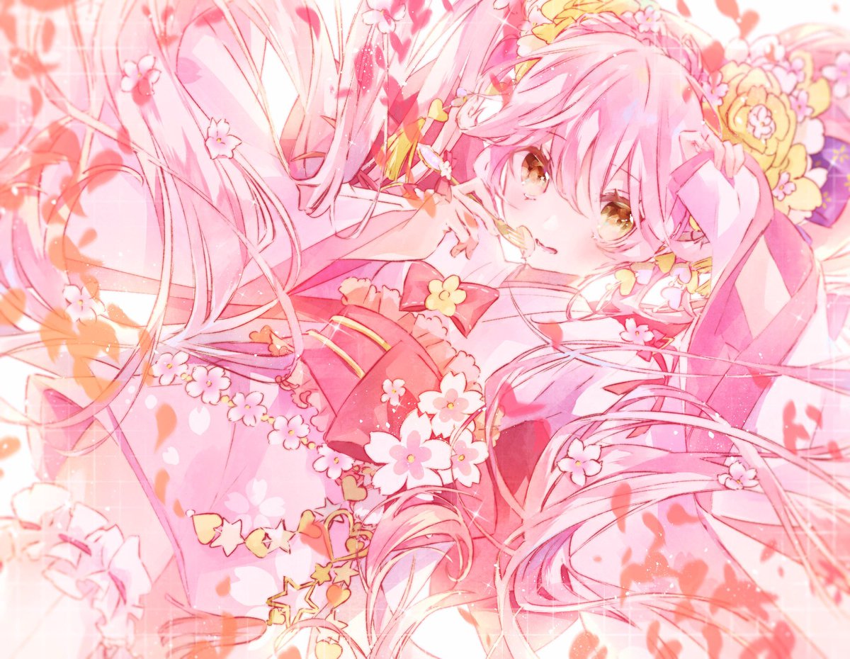 hatsune miku 1girl solo japanese clothes long hair pink hair kimono flower  illustration images
