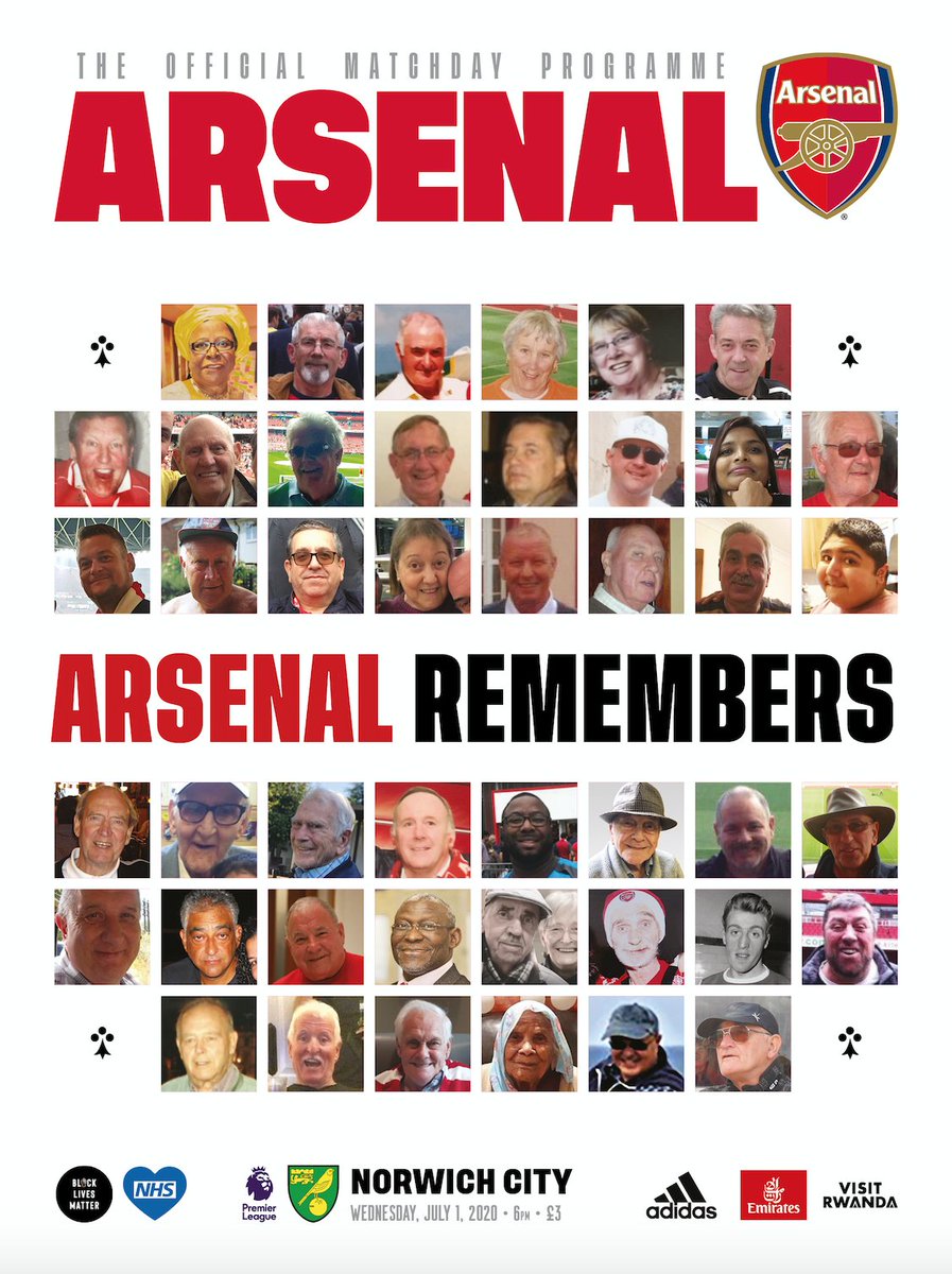 AFCProgramme's tweet photo. Our programme for tomorrow's game against @NorwichCityFC remembers Arsenal supporters who died due to coronavirus. Rest In Peace. https://t.co/vuDHCO6gik