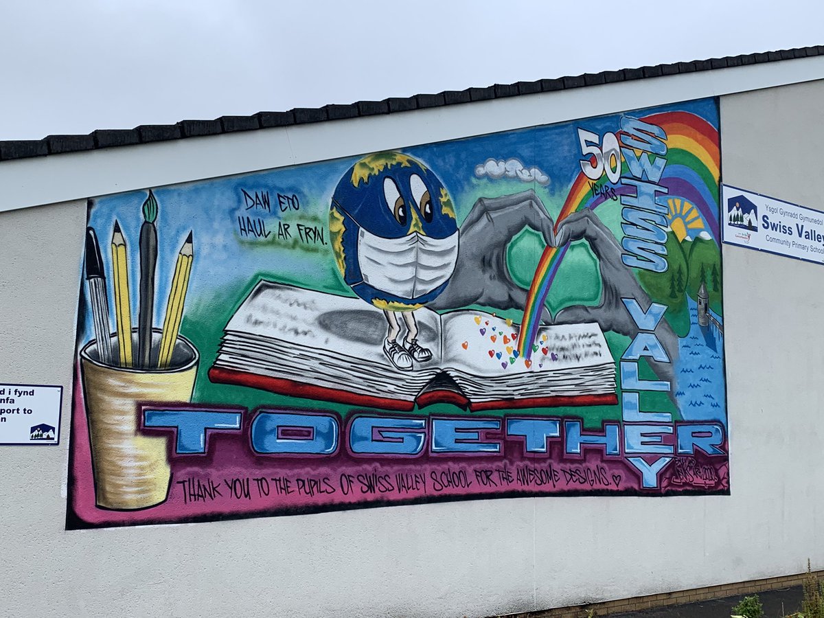 SwissValleyCP's tweet photo. Diolch yn fawr iawn Steve Jenkins #jenksart for the amazing artwork based on designs of our pupils. I’m sure you’ll all agree it looks amazing and has really brightened up our school 🌈 😀 https://t.co/Rvo61x2MWG
