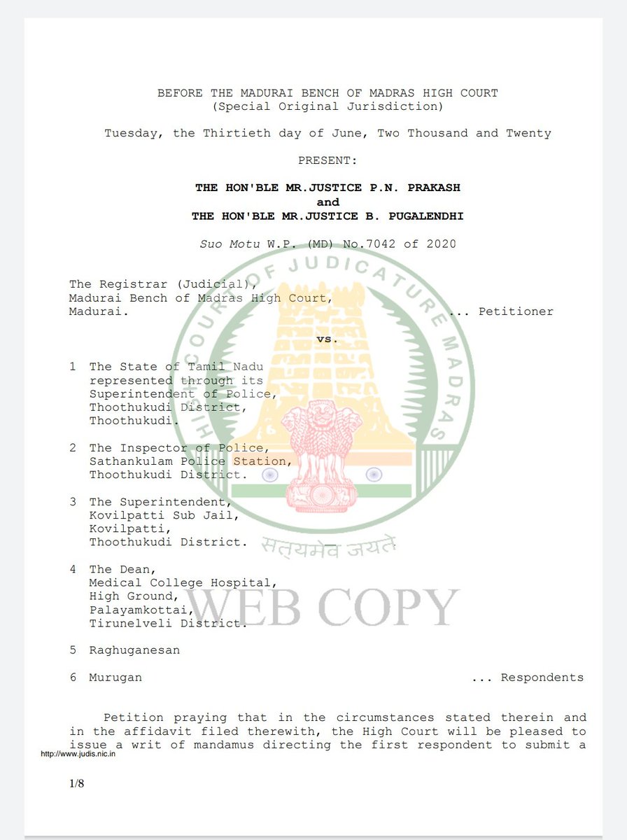 D Suresh Kumar on X: "Here is today's Madras High Court Madurai Bench order  on the Thoothukudi custodial deaths. 1/2 https://t.co/Dh1IJwKVlQ" / X