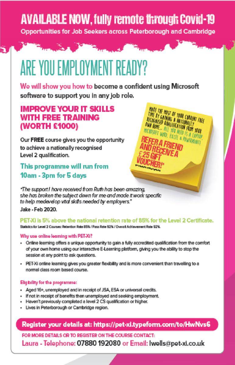 petxitraining's tweet photo. PET-Xi's IT User Skills course running now! Contact us today to take part :)
#JCPVirtualLN
#Northampton #Careersadvice #wellingboroughjobs #jobfair #jobseekers #jobseekerswednesday #daventryjobs #virtualjobfair #northamptonshire https://t.co/iKMdD5UkrG