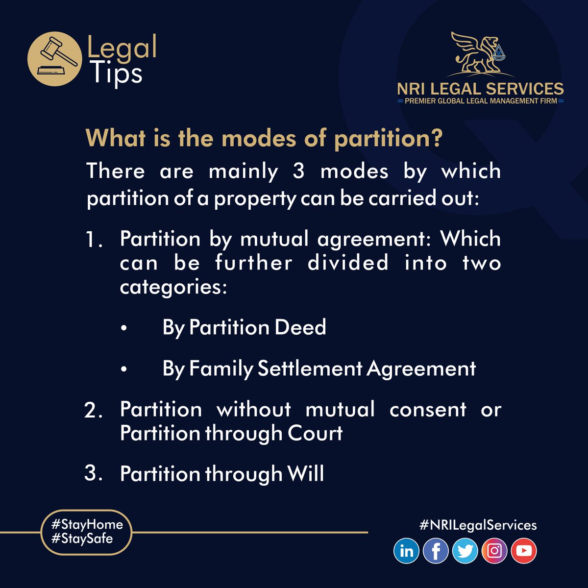 NRILegal's tweet image. A partition can be made by various modes. Know the modes of partition applicable to you. - bit.ly/2WKI9Q0

#LegalTips #PropertyPartition #PartitionDeed #MutualAgreement #FamilySettlementAgreement #FilingPartition #Punjab #NRILegalServices #LawFirm