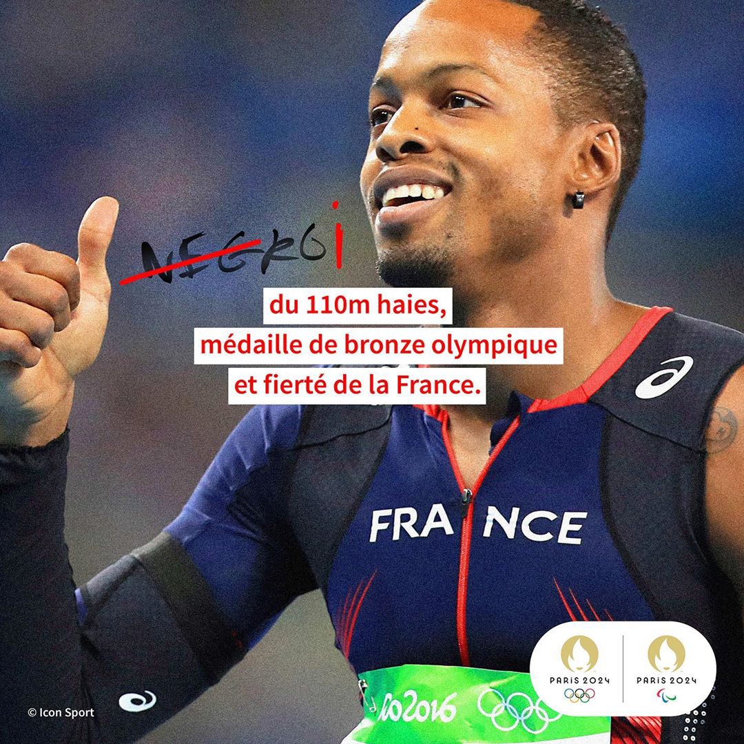 culturepub's tweet photo. "Ne laissons pas le racisme avoir le dernier mot". Quand @Paris2024 réagit aux tags racistes sur les affiches des grilles de l'@INSEP_PARIS. 👏👏 https://t.co/1vkrzGL7OM